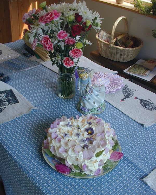 carrot cake with candied flowers