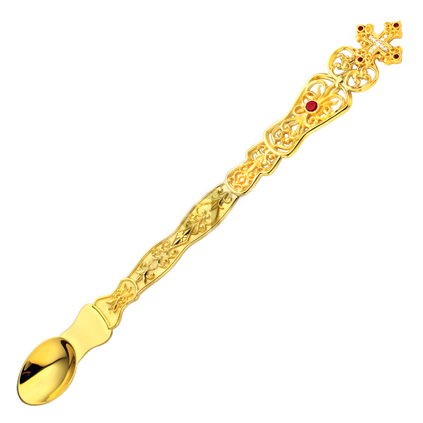 Communion spoon - Russian  - With Red Gems - Gold Plated