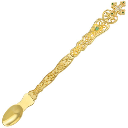 Communion spoon - Russian  - With Green Gems - Gold Plated