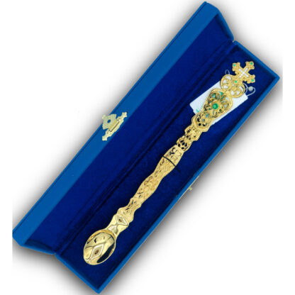 Communion spoon - Russian  - With Green Gems - Gold Plated - Image 3