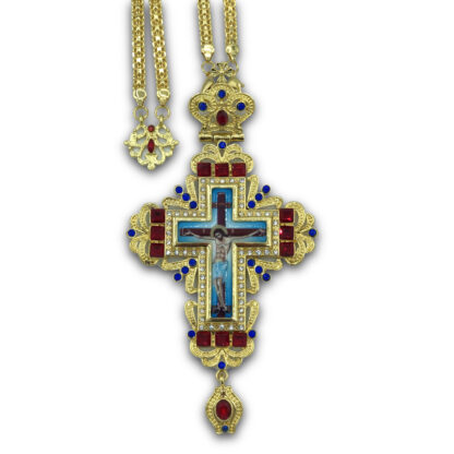 Pectoral Cross, Gold Plated, Jeweled Red and Blue Stone