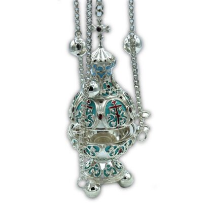 Small Silver Censer with light blue and red enamel