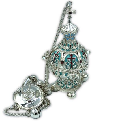 Small Silver Censer with light blue and red enamel - Image 3