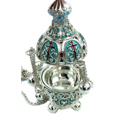 Small Silver Censer with light blue and red enamel - Image 2