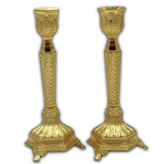 Gold Candle Stick Set, Embossed Hexagonal Base