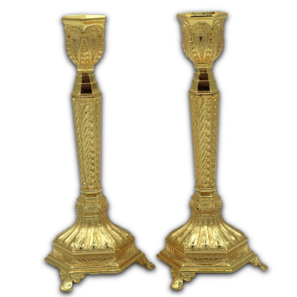 Gold Candle Stick Set, Embossed Hexagonal Base
