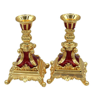 Gold Candle Stick Set, Red Enamel