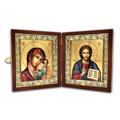 Folding Icon, Medium, Embossed Outer Cover, Wedding Set, Gold with Red with Glass Pane