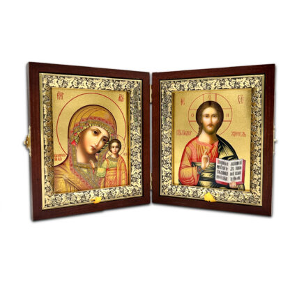 Folding Icon, Medium, Embossed Outer Cover, Wedding Set, Gold with Gold with Glass Pane