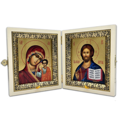 Folding Icon, Medium, Embossed Outer Cover, Wedding Set, Gold with Glass Pane
