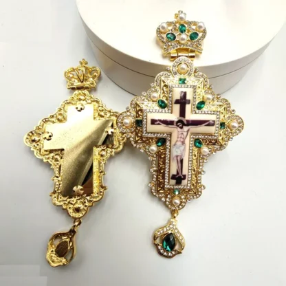 Pectoral Cross, Celtic Vine with Pearls, Green Stones - Image 2