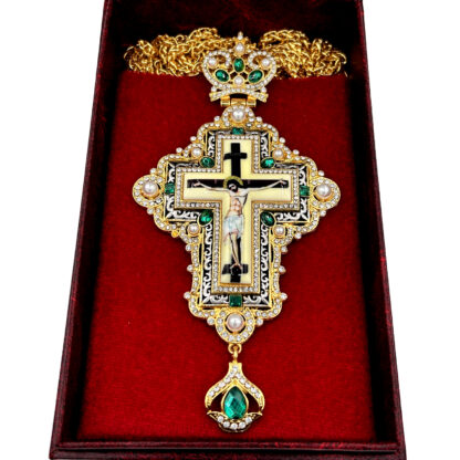 Pectoral Cross, Celtic Vine with Pearls, Green Stones - Image 3