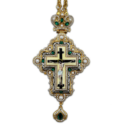 Pectoral Cross, Celtic Vine with Pearls, Green Stones