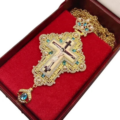 Pectoral Cross, Celtic Vine with Pearls, Blue Stones - Image 2