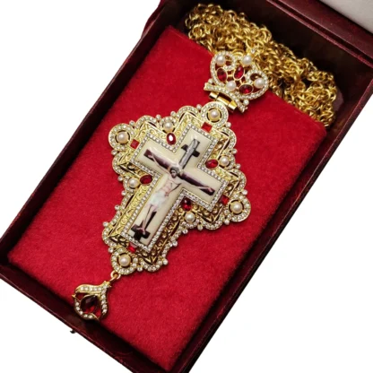 Pectoral Cross, Celtic Vine with Pearls, Red Stones - Image 3
