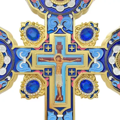Altar / Blessing Cross, blue enamel and gold with stones - Image 3