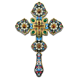 Altar / Blessing Cross, green enamel and gold with stones