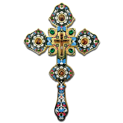 Altar / Blessing Cross, green enamel and gold with stones