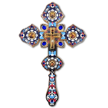 Altar / Blessing Cross, blue enamel and gold with stones