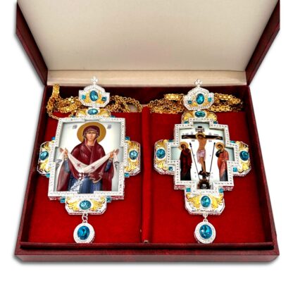 Deluxe Panagia and Pectoral Cross Set – Silver and Gold with Blue Gemstones - Image 2