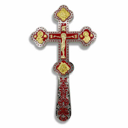 Altar / Blessing Cross, silver with red enamel and gold accents