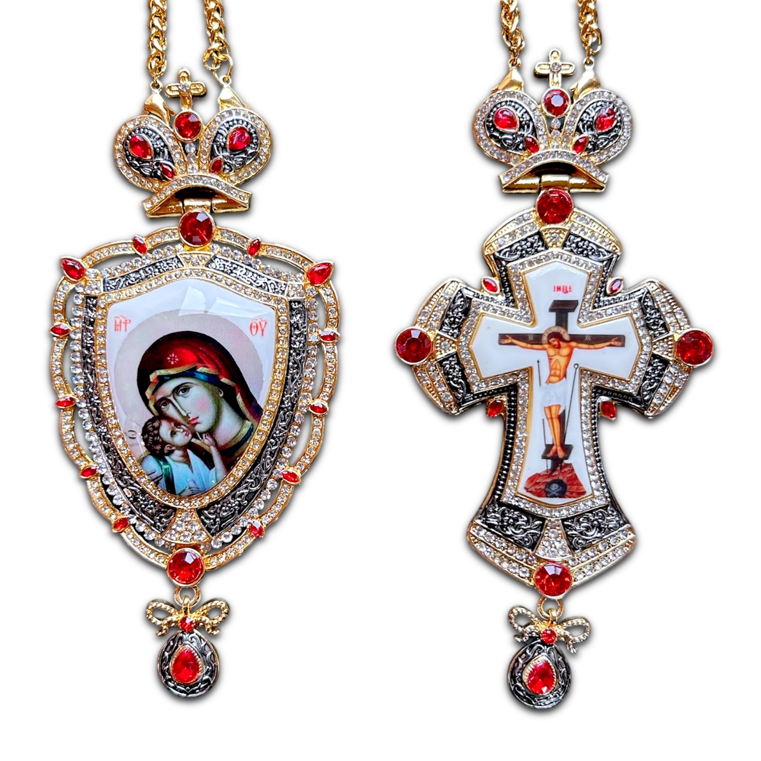 Tender Embrace Panagia Set, Two Tone Red Stone