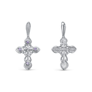 Sterling Silver Filigree Orthodox Cross with Amethyst Accents