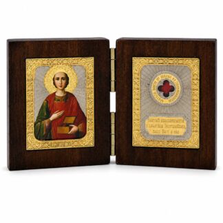 St. Panteleimon Folding Travel Icon with Blessed Relic Cloth