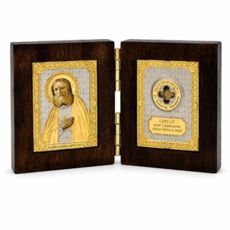 St. Seraphim Folding Travel Icon with Blessed Relic Cloth